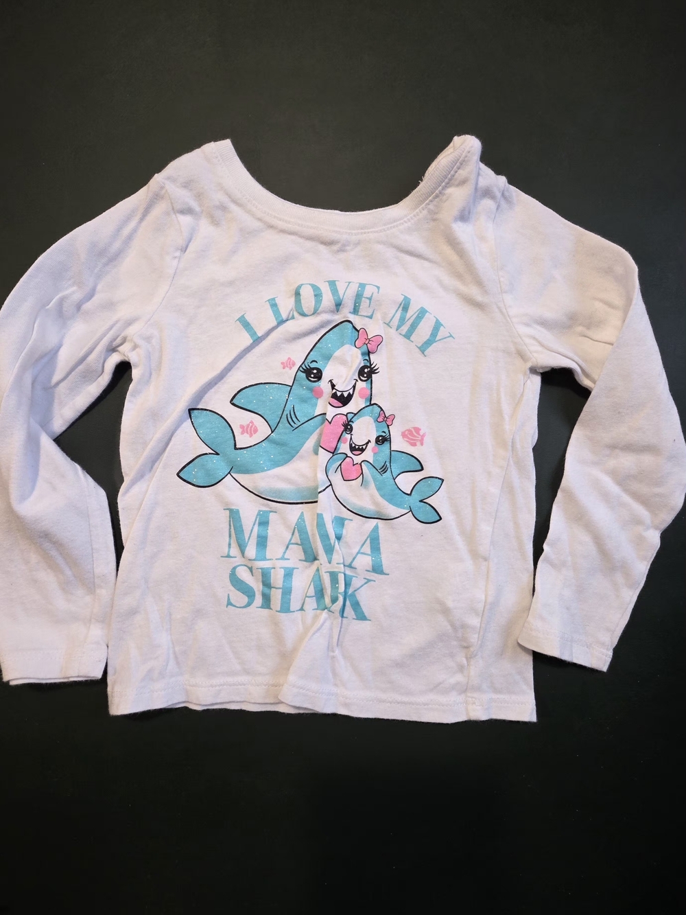 The Children's Place White Long Sleeve Tee with Teal Mama Shark Graphic